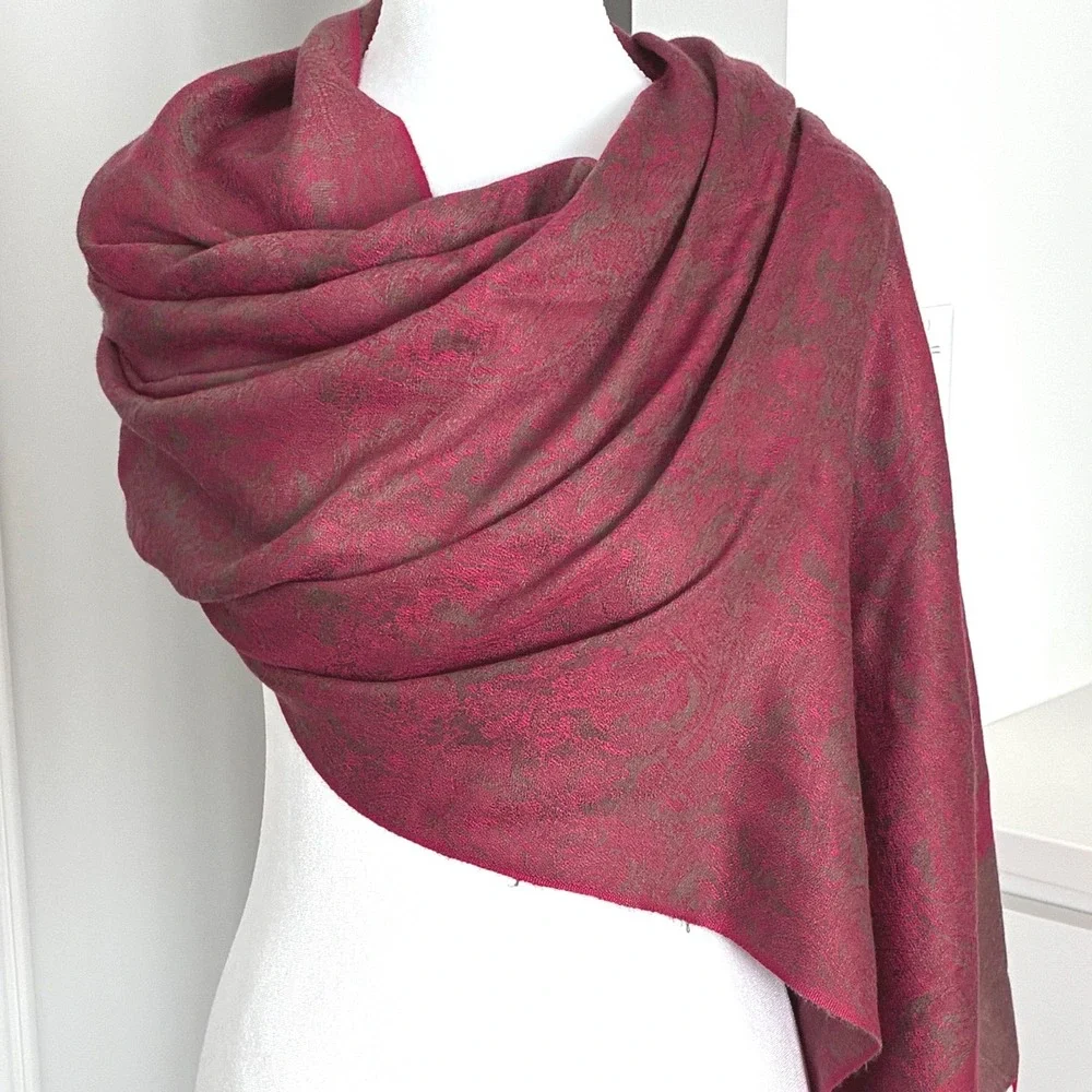 Italian Renaissance Jewel Tones Pashmina Scarf Shawl Fringe Trim Burgundy Brown